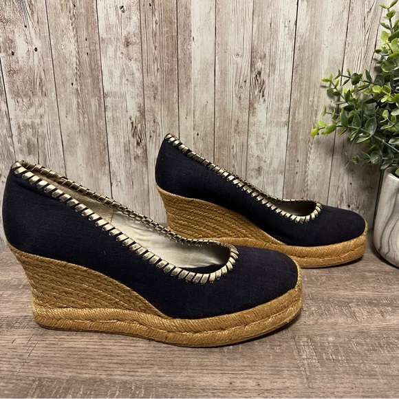 Jack Rogers Navy and Gold Wedge Espadrilles 7 - Picture 2 of 6